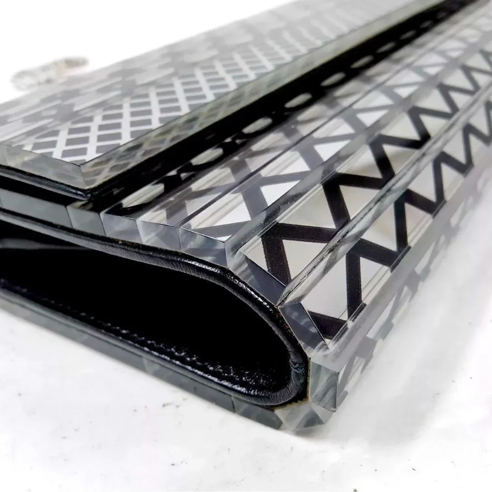 Auth Jimmy Choo Black & Clear Diamond Print Acrylic Sweetie Clutch Silver Chain
